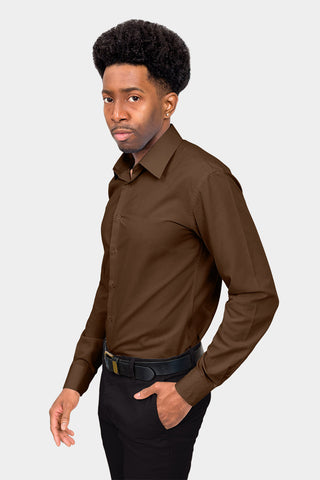 Slim Fit Solid Color Dress Shirt (Brown ...